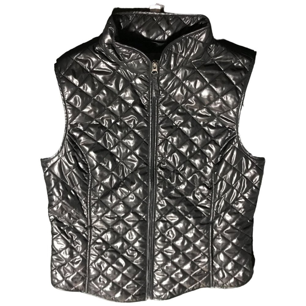 Van Heusen Women's Size M Black Quilted Faux Leather Shiny Vest MSR $84 Pockets